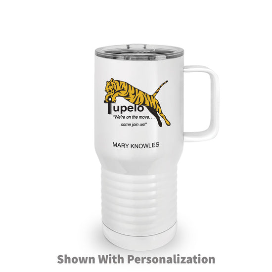 white 20-ounce stainless steel travel tumbler with custom logo and personalization