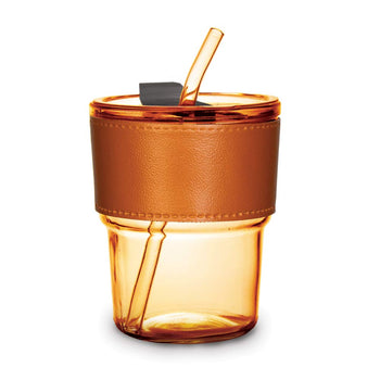 brown glass tumbler with leather sleeve