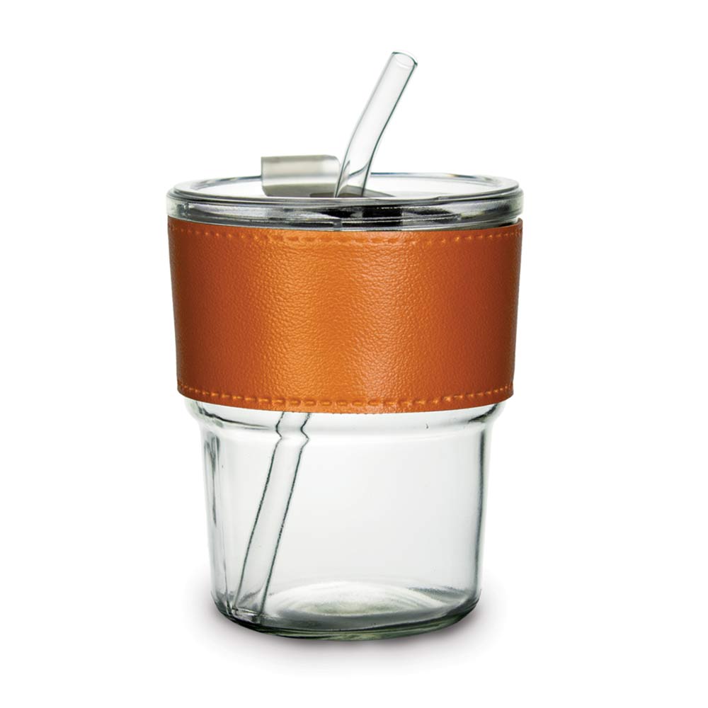 clear glass tumbler with leather sleeve