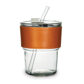 clear glass tumbler with leather sleeve