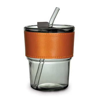 gray glass tumbler with leather sleeve