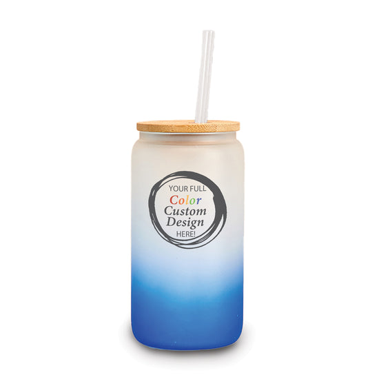 16-ounce frosted glass tumbler with bamboo lid and straw. 6 colors available. Featuring full-color customization.  