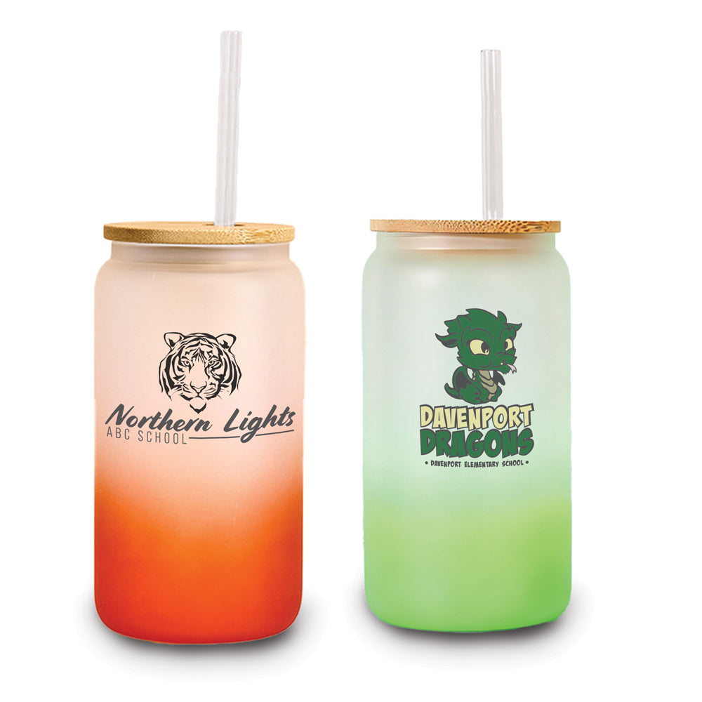 2 frosted glass tumbler with bamboo lid and straw with custom logos