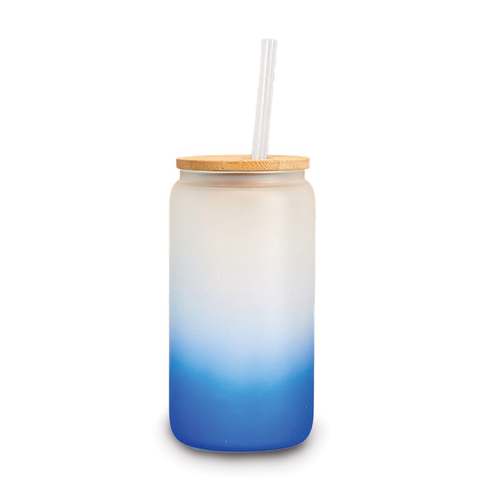 blue 16-ounce frosted glass tumbler with bamboo lid and straw