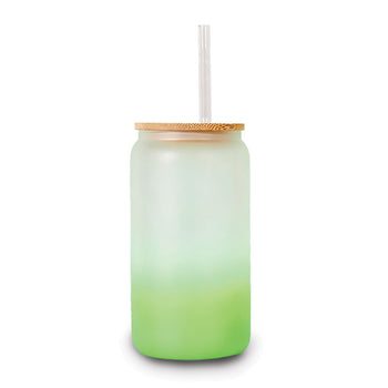 green 16-ounce frosted glass tumbler with bamboo lid and straw