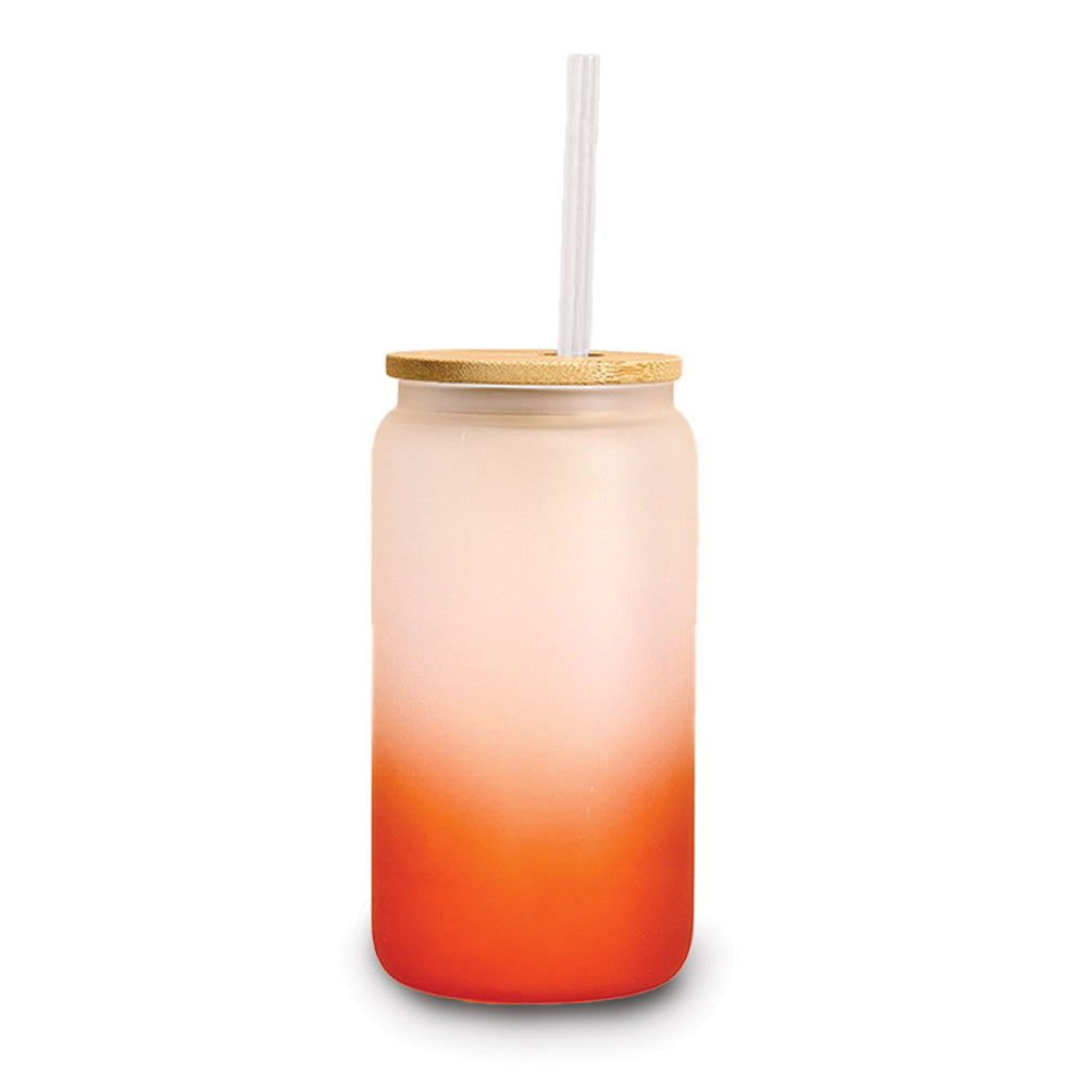 red 16-ounce frosted glass tumbler with bamboo lid and straw