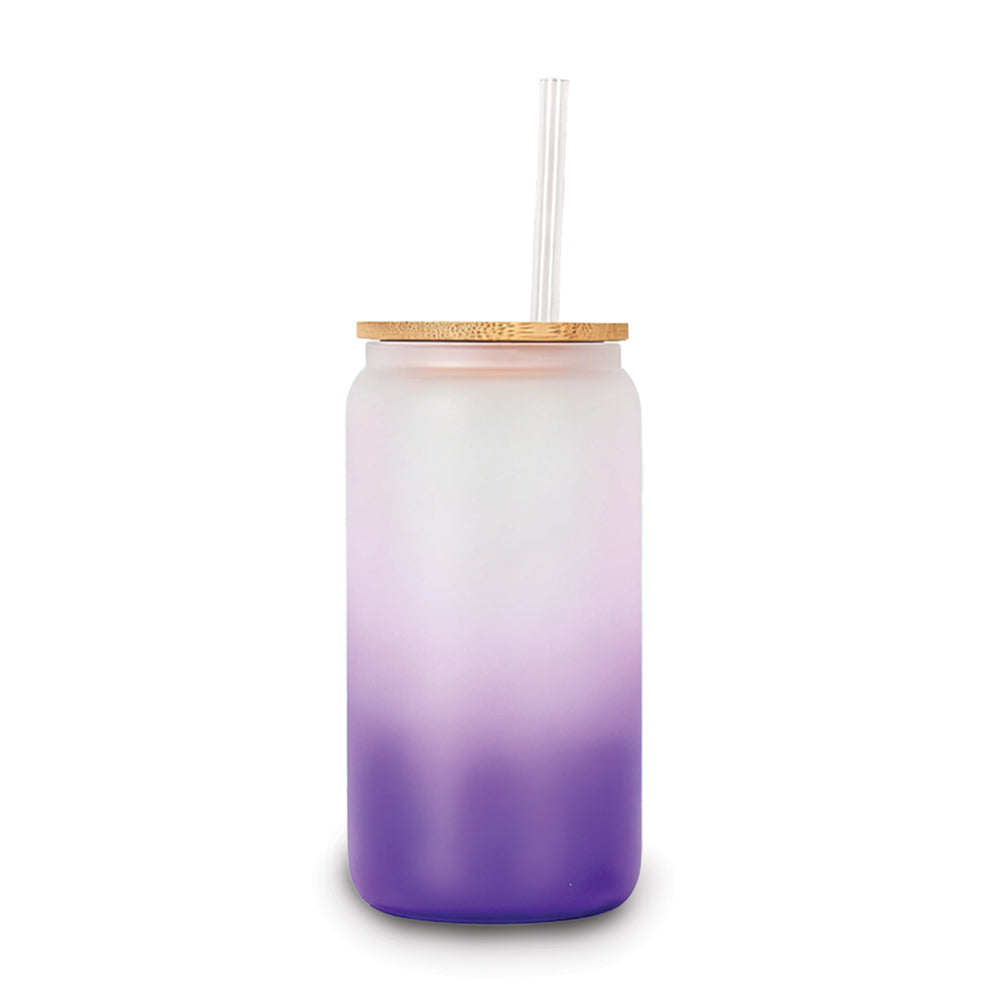 purple 16-ounce frosted glass tumbler with bamboo lid and straw
