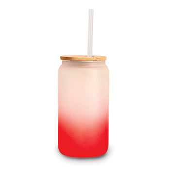 red 16-ounce frosted glass tumbler with bamboo lid and straw
