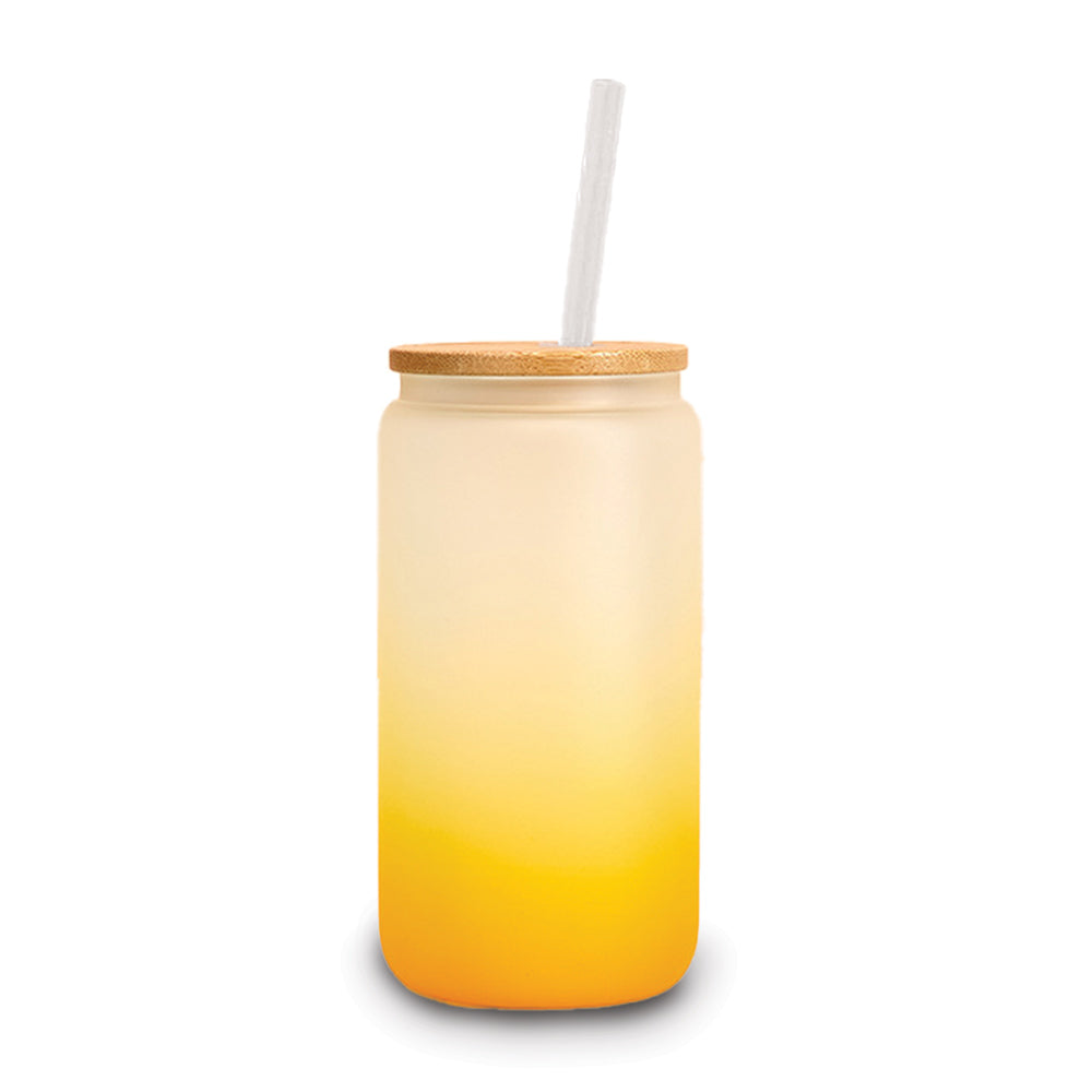 yellow 16-ounce frosted glass tumbler with bamboo lid and straw