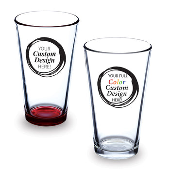 Clear 16-ounce pint glass with colorful bottom. Featuring full-color customization.