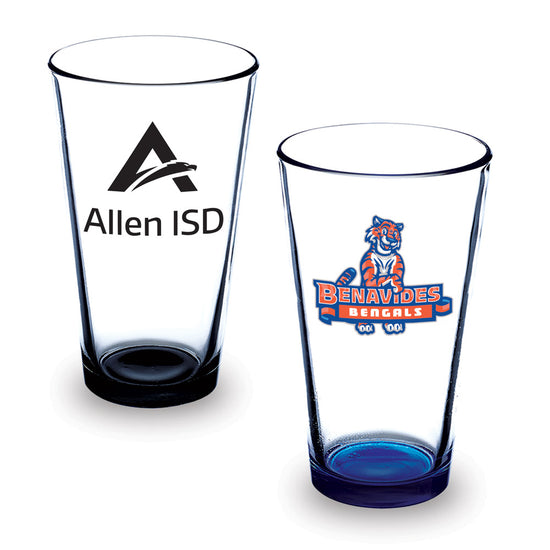 2 clear 16-ounce pint glasses with custom logos