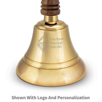 deluxe brass bell with wooden handle and personalization and logo