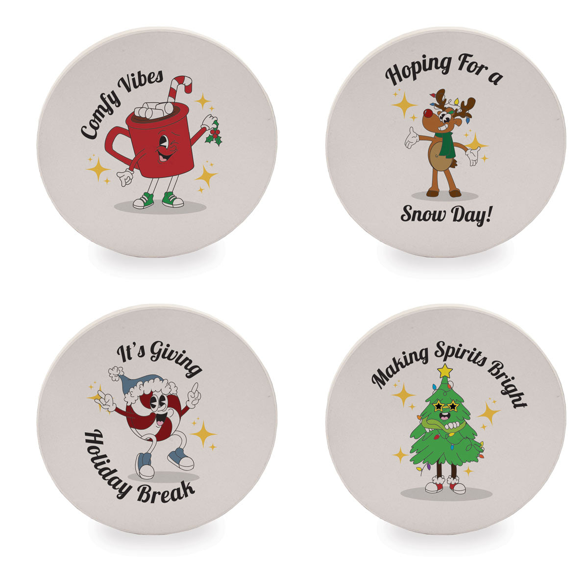 Retro Holiday Cartoons Sandstone Coaster Set