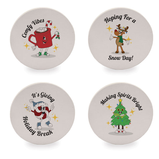Retro Holiday Cartoons Sandstone Coaster Set