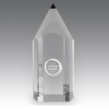 Clear optic crystal pencil trophy with frosted taper and black point. 3.25x7.75 inches. Personalized for teacher recognition. 