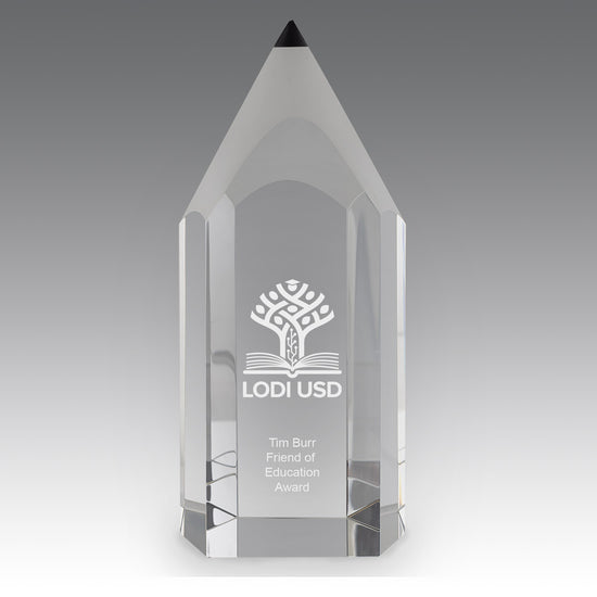 Clear optic crystal pencil trophy with frosted taper and black point