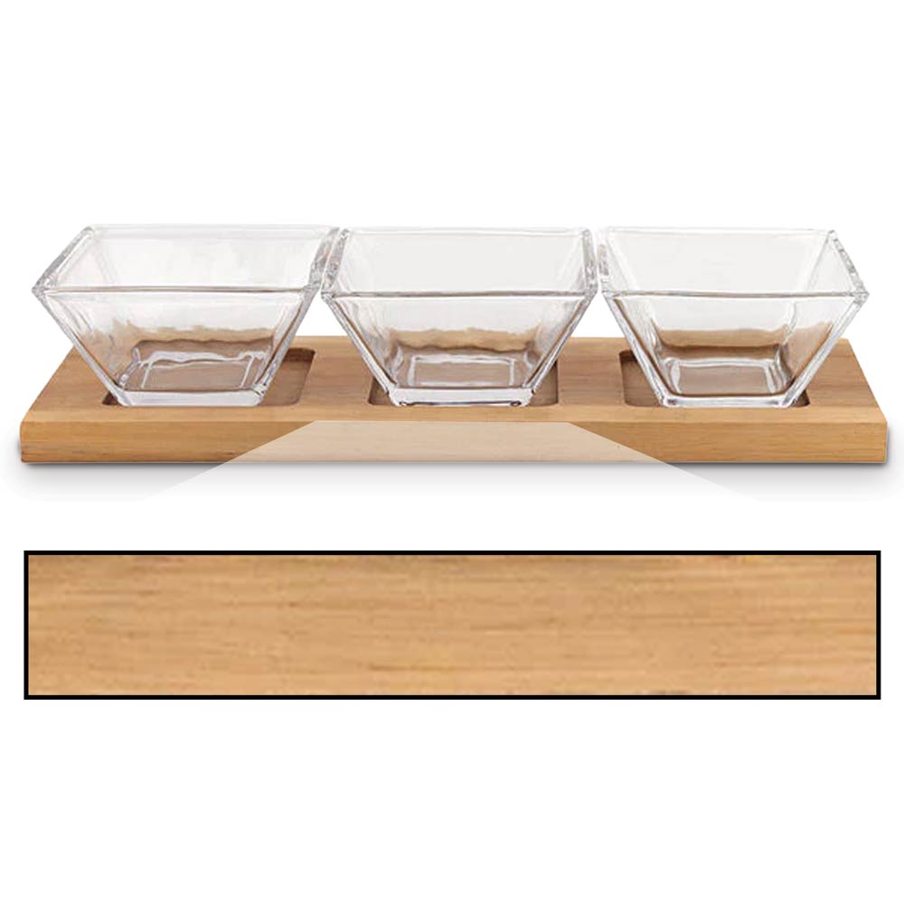 Wood serving tray with three handcrafted lead-free crystal bowls.