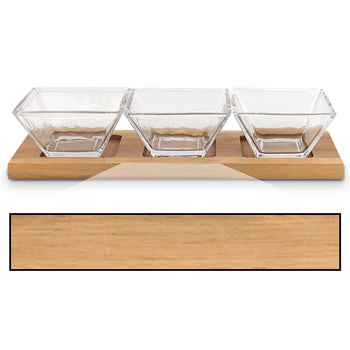 Wood serving tray with three handcrafted lead-free crystal bowls.