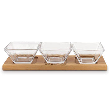 Wood serving tray with three handcrafted lead-free crystal bowls
