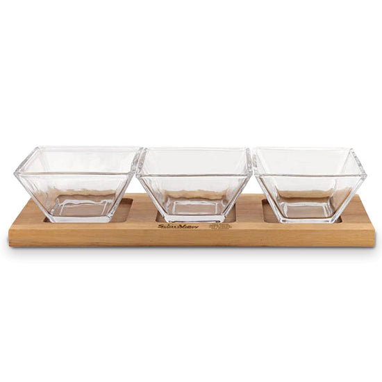 Wood serving tray with three handcrafted lead-free crystal bowls