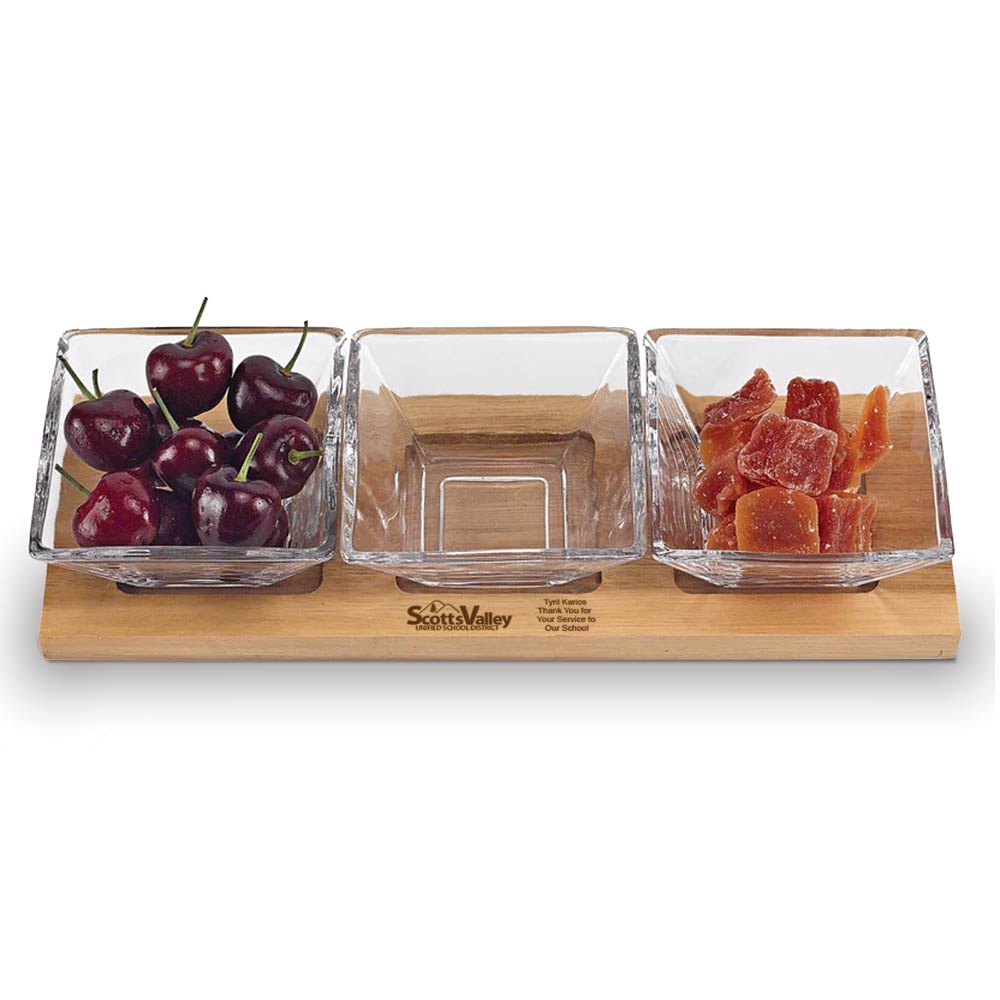 Wood serving tray with three handcrafted lead-free crystal bowls with personalization