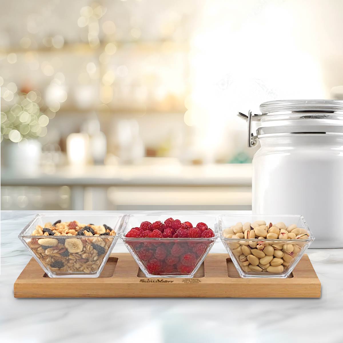 Wood serving tray with three handcrafted lead-free crystal bowls