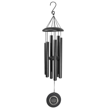 36-inch black aluminum wind chime with six tubes and 5.5-inch engravable disc for custom logo or personalized message. 