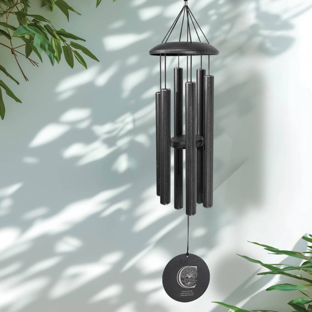 black aluminum wind chime with personalized disc