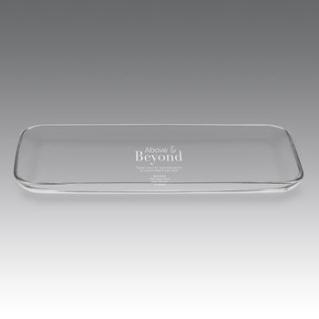 High-quality European crystal tray with smooth finish. 6.3x12.8 inches. Personalized with etched message and logo.  