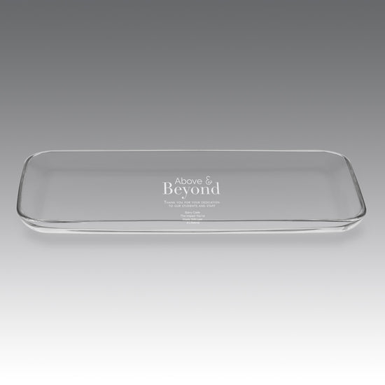 High-quality European crystal tray with smooth finish. 6.3x12.8 inches. Personalized with etched message and logo.  