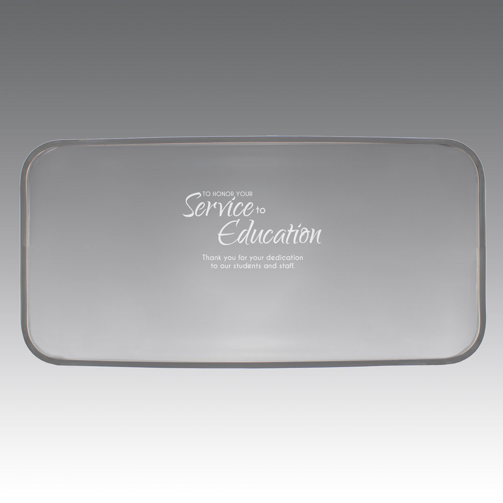 crystal tray with service to education message