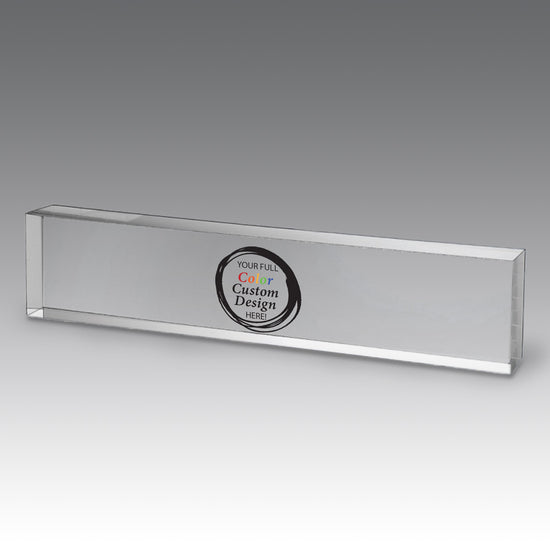 9x2 clear acrylic desk sign with full-color logo customization. 