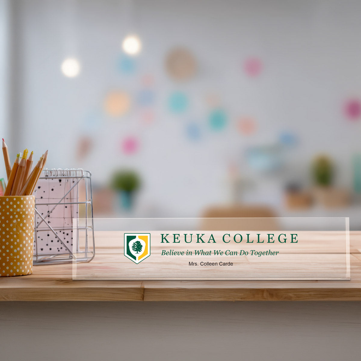 clear acrylic desk sign with full-color logo