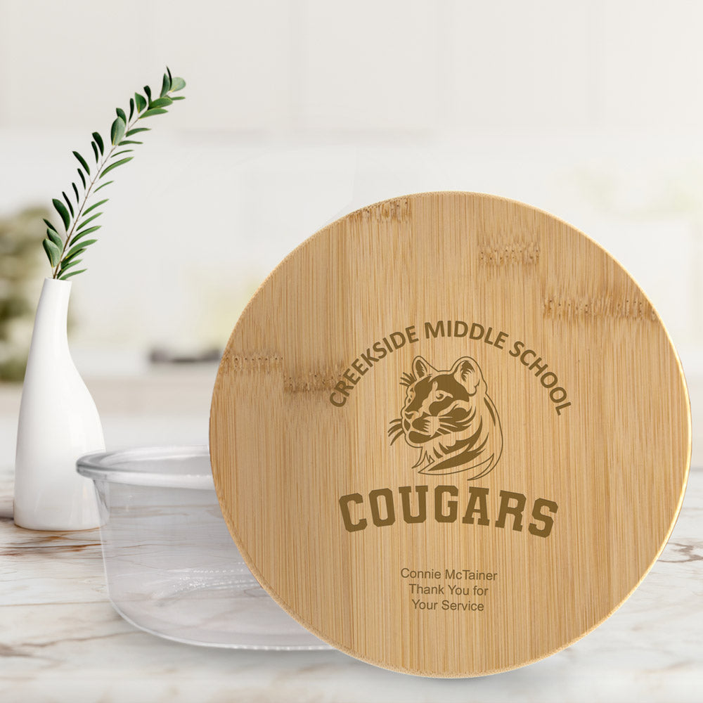 round glass container with bamboo lid and custom lasered logo