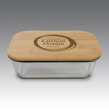 35-ounce glass storage container with rectangle bamboo lid, featuring custom laser engraving.