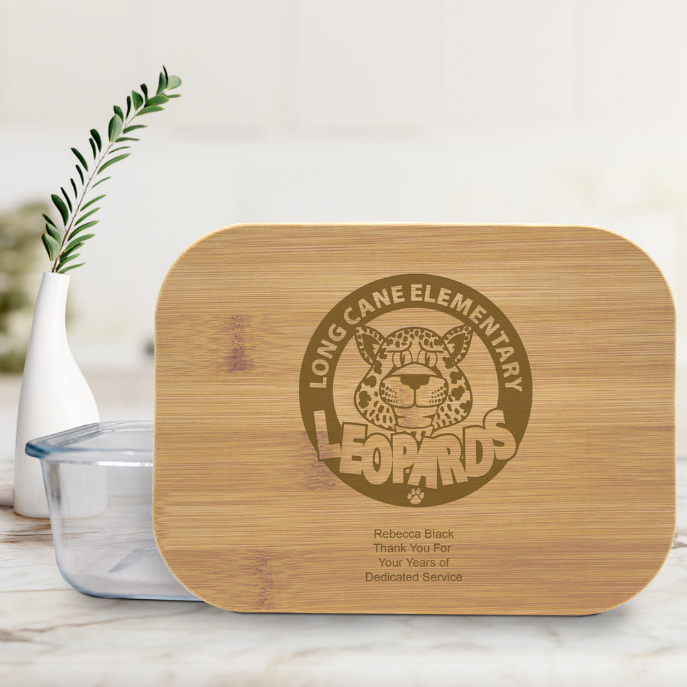 rectangle glass container with bamboo and custom lasered logo