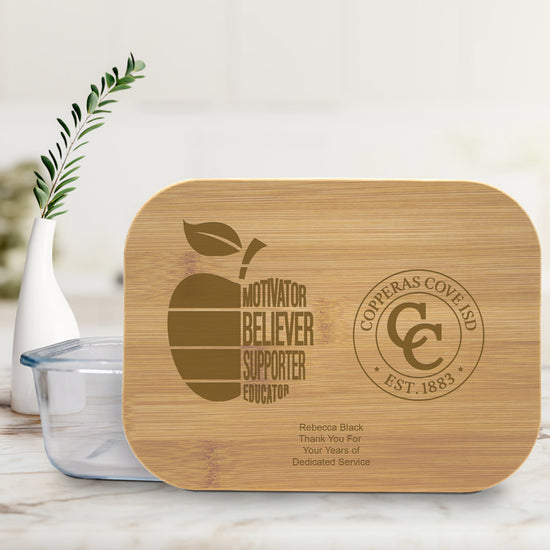 rectangle glass container with bamboo lid, featuring motivator believer supporter educator message and custom logo