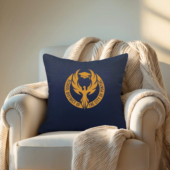 blue pillow with custom logo