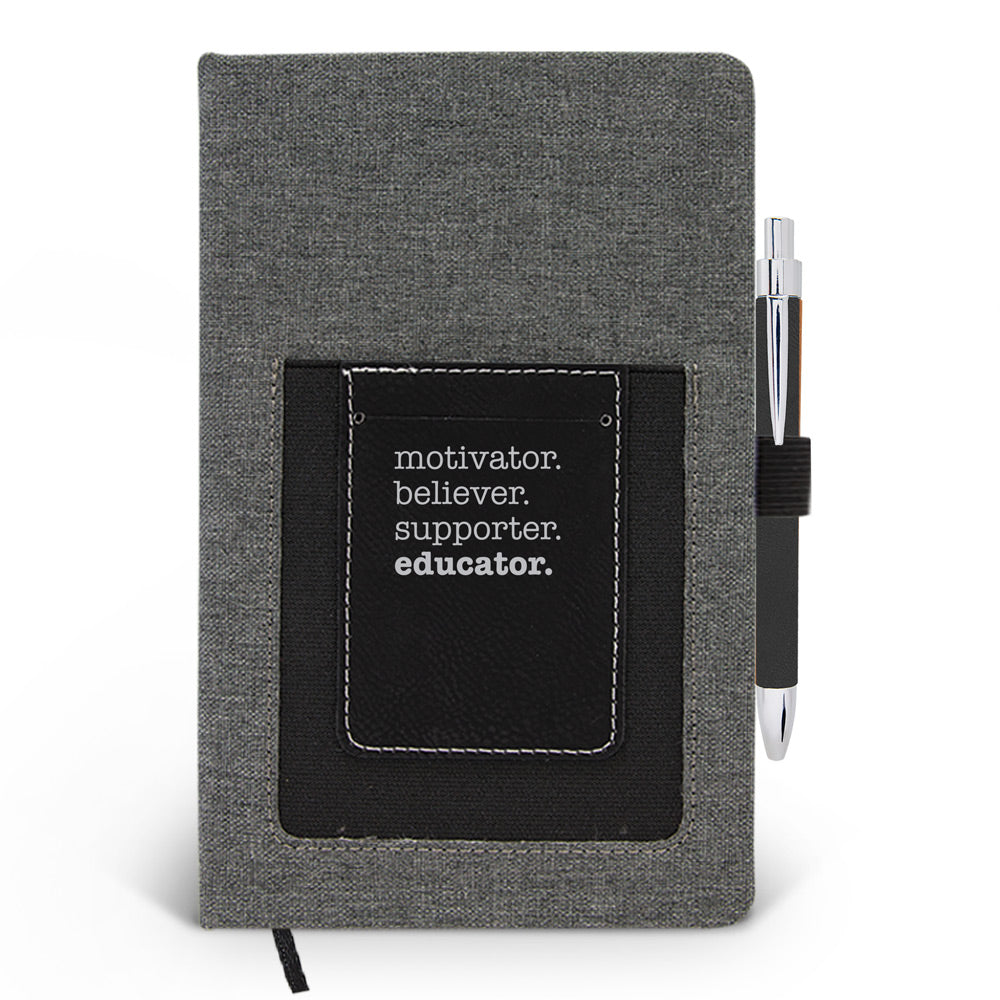 Motivator. Believer. Supporter. Educator. Canvas Journal w/ Pocket