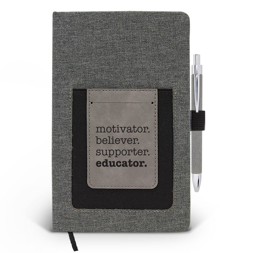 Motivator. Believer. Supporter. Educator. Canvas Journal w/ Pocket