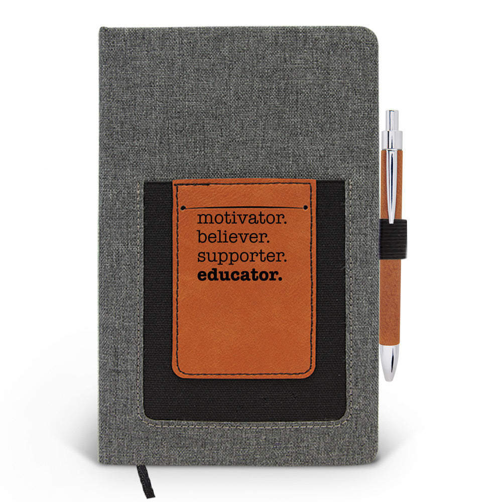 Motivator. Believer. Supporter. Educator. Canvas Journal w/ Pocket