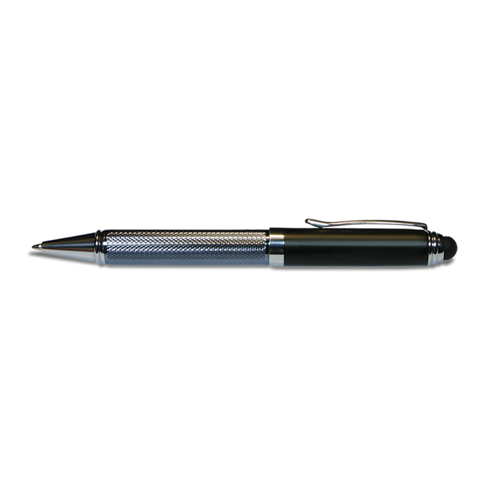 black twist action ballpoint pen with stylus