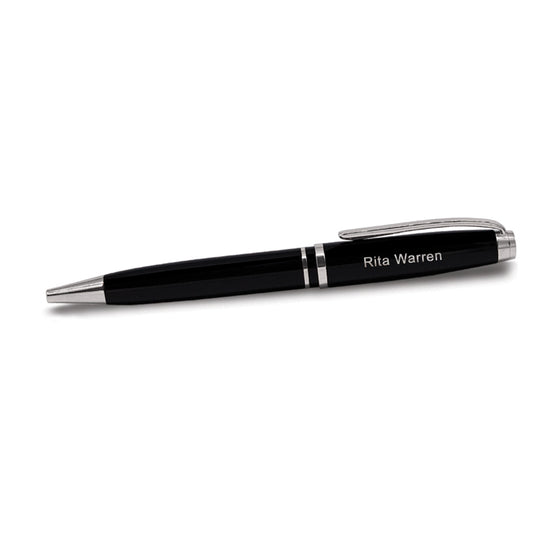 High-quality metal twist ballpoint pen with silver fittings and black ink. Laser engraving available. 