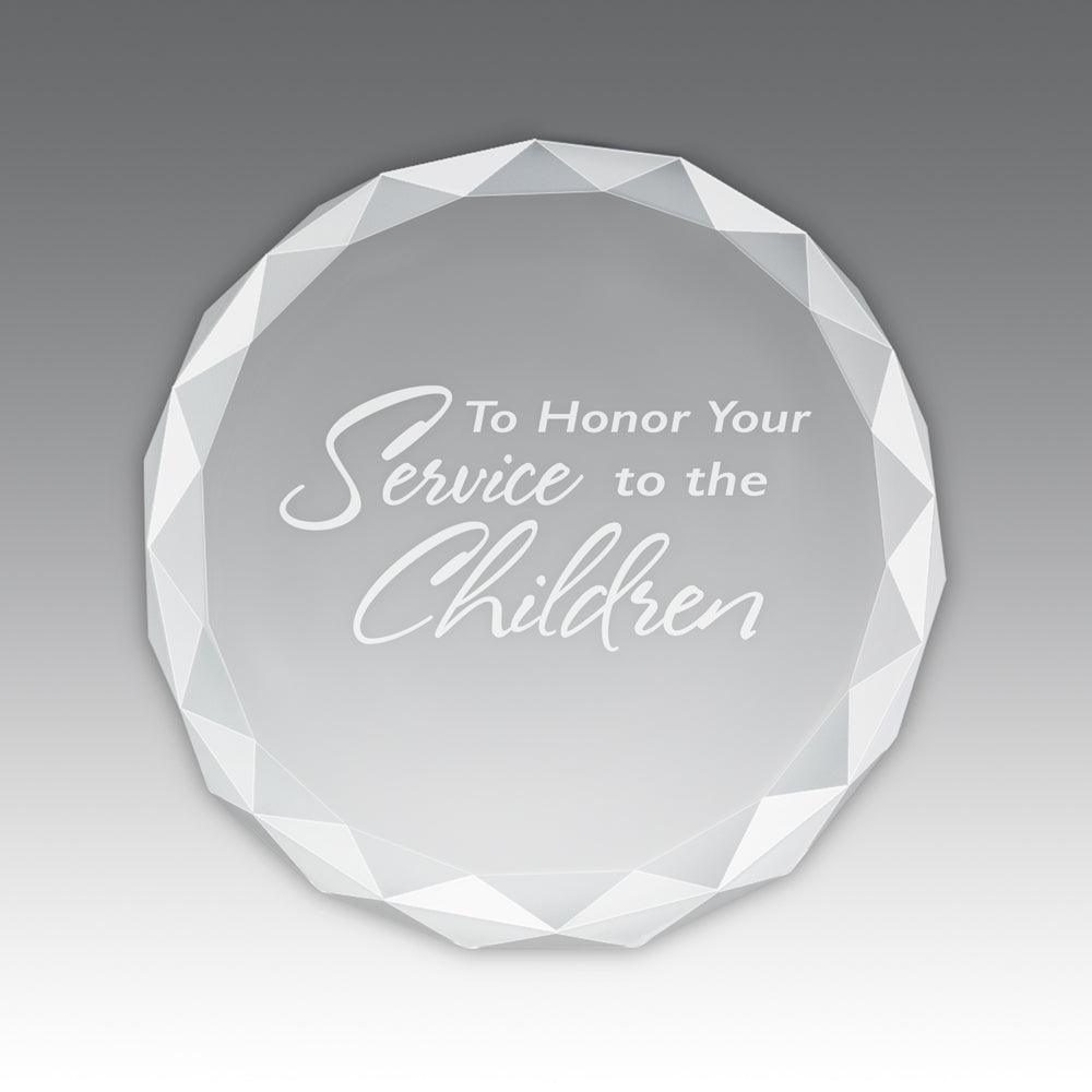 Etched Optic Crystal Faceted Round Paperweight