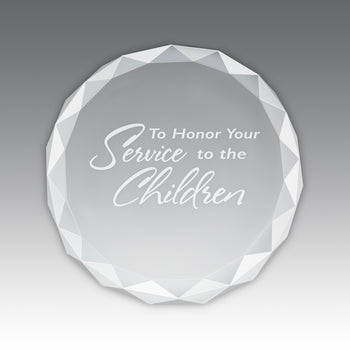 Etched Optic Crystal Faceted Round Paperweight