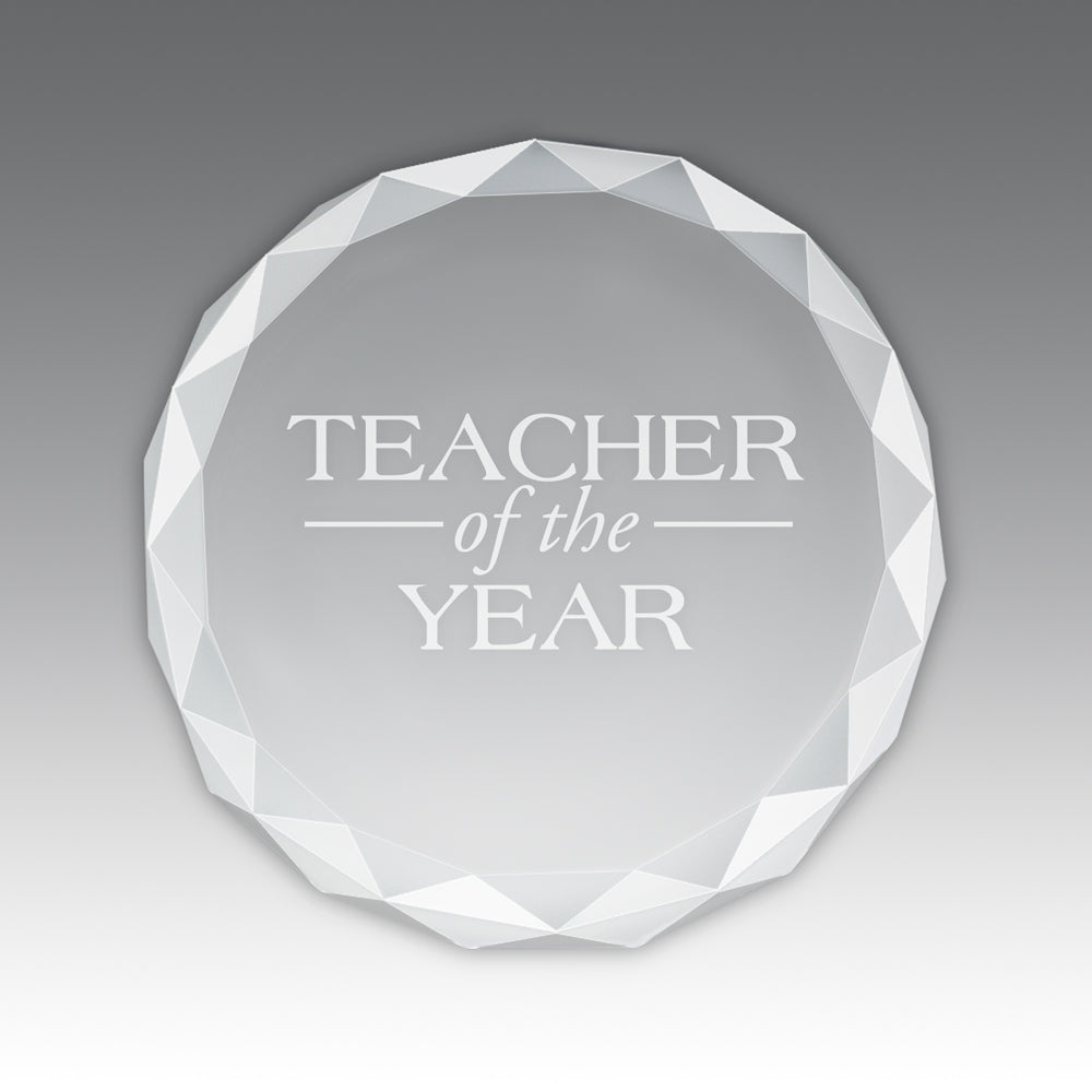 Etched Optic Crystal Faceted Round Paperweight