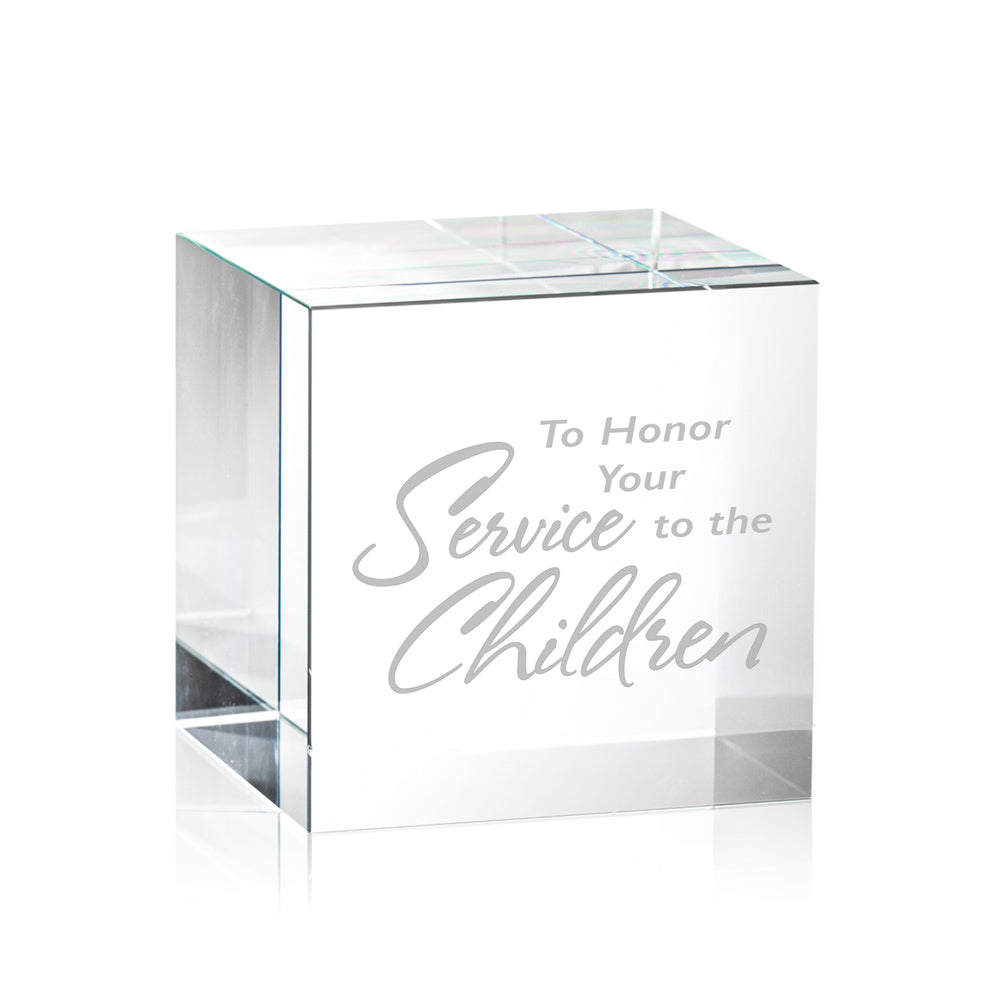optic crystal cube featuring service to the children message