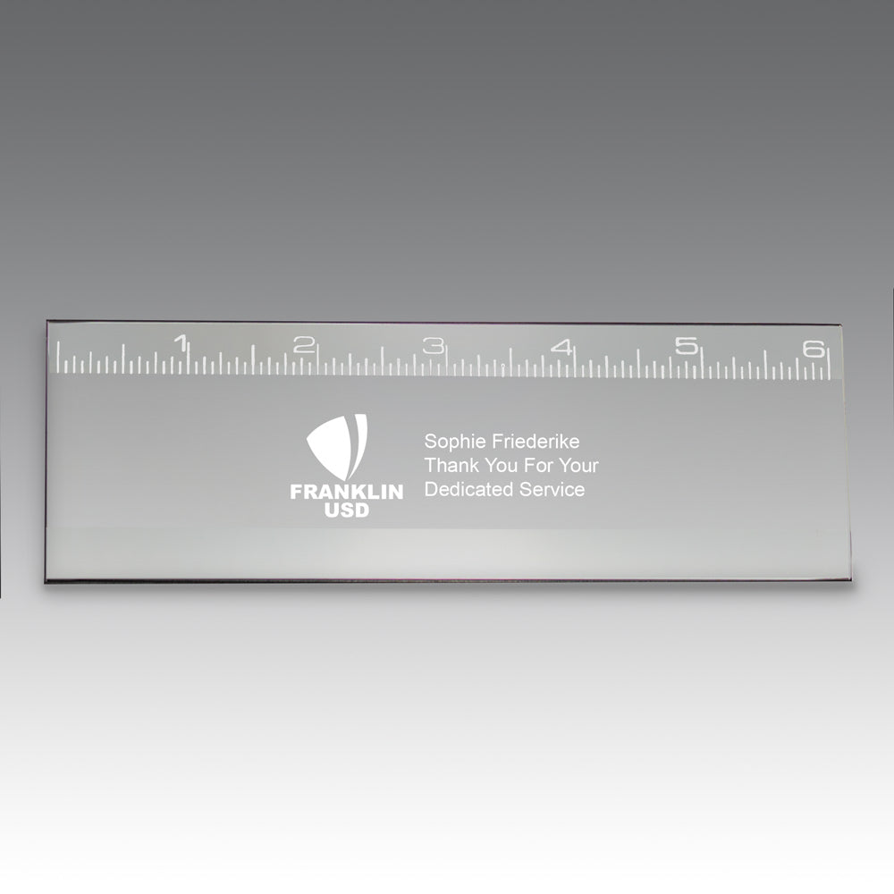 6" jade glass ruler featuring laser-engraved personalization and custom logo