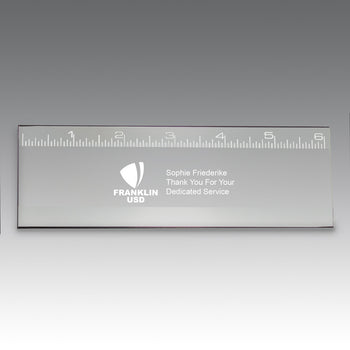 6" jade glass ruler featuring laser-engraved personalization and custom logo