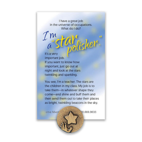 hand and star lapel pin with star polisher message card